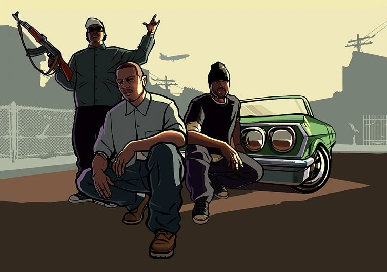 Promotional artwork of CJ and his crew from GTA: San Andreas.