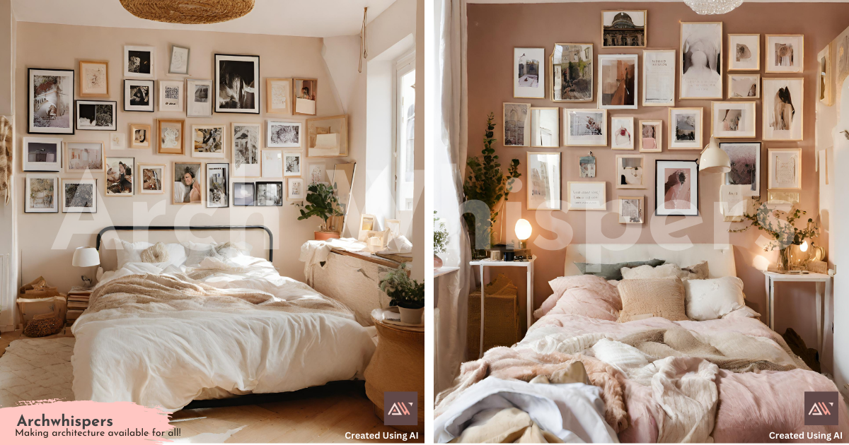 A Modern Bedroom With a Bed and Picture-Frames on the Feature Wall