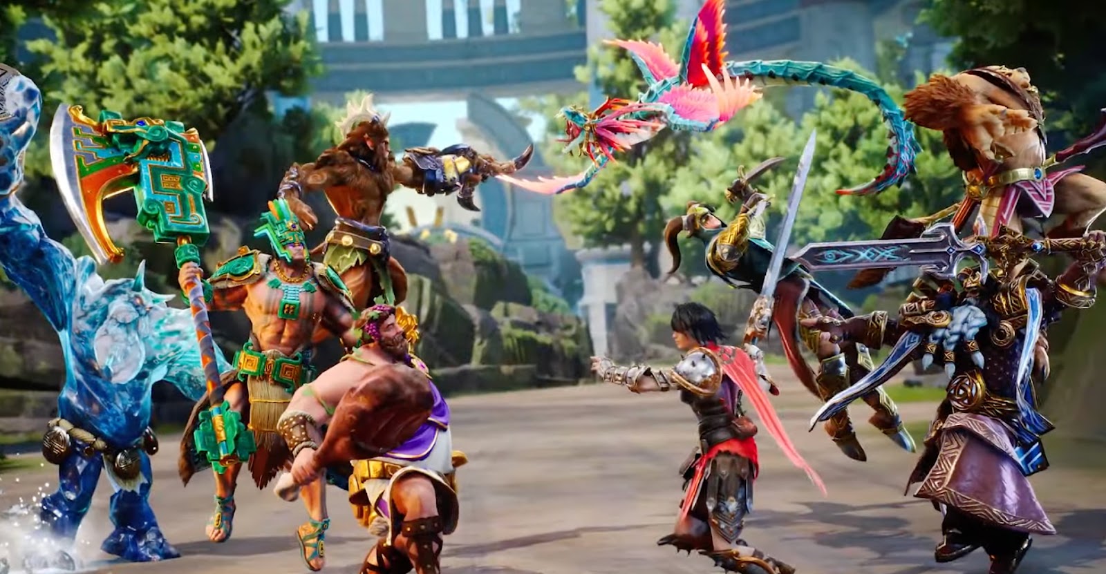 An in game screenshot from the SMITE 2 trailer showing a range of characters. 