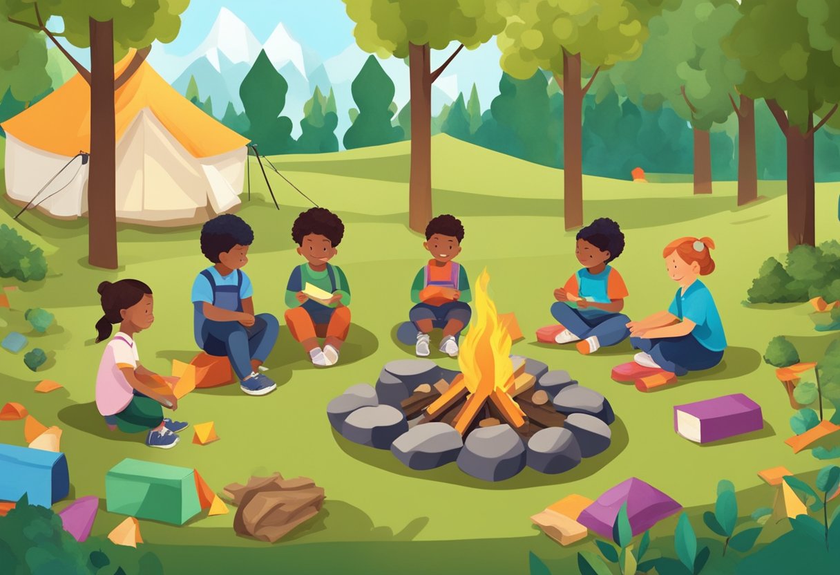 Children gather around a campfire, surrounded by nature and colorful tents. Montessori materials are scattered on the ground, indicating a hands-on learning environment