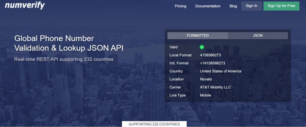 Numverify API website screenshot