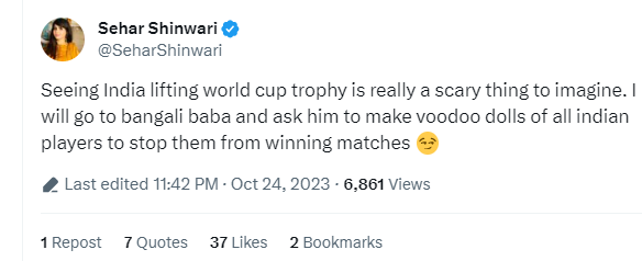Sehar Shinwari has grown increasingly envious of India's cricket success, finding it difficult to imagine the Indian team lifting the trophy.”