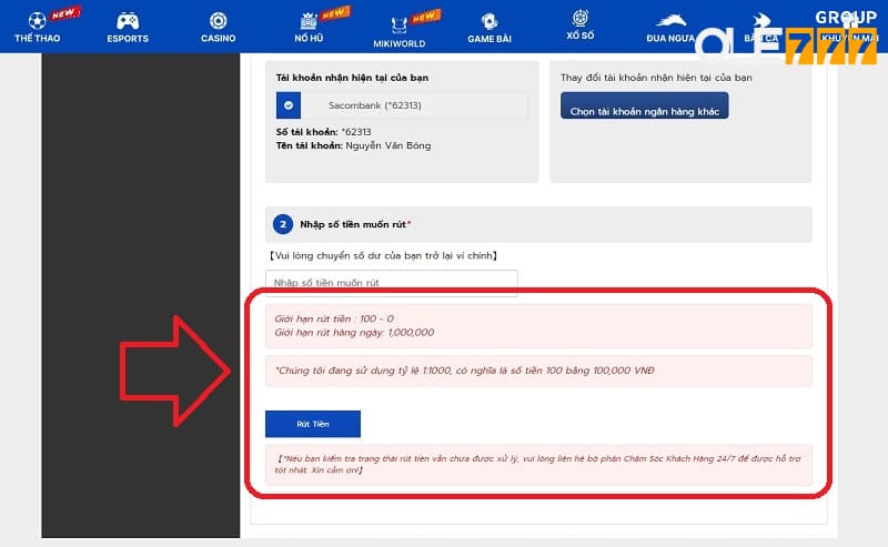 Điều khoản về số dư và giới hạn rút tiền mỗi ngày