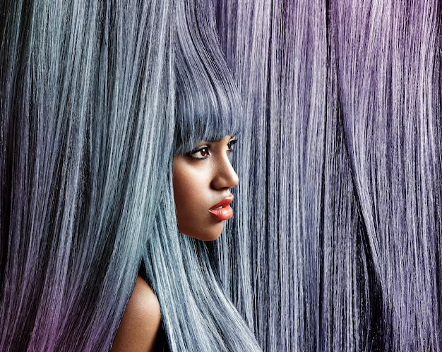Confident model with grey and purple hair with the same hair as the background