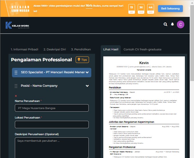 Buat CV Gratis di Kelas.work