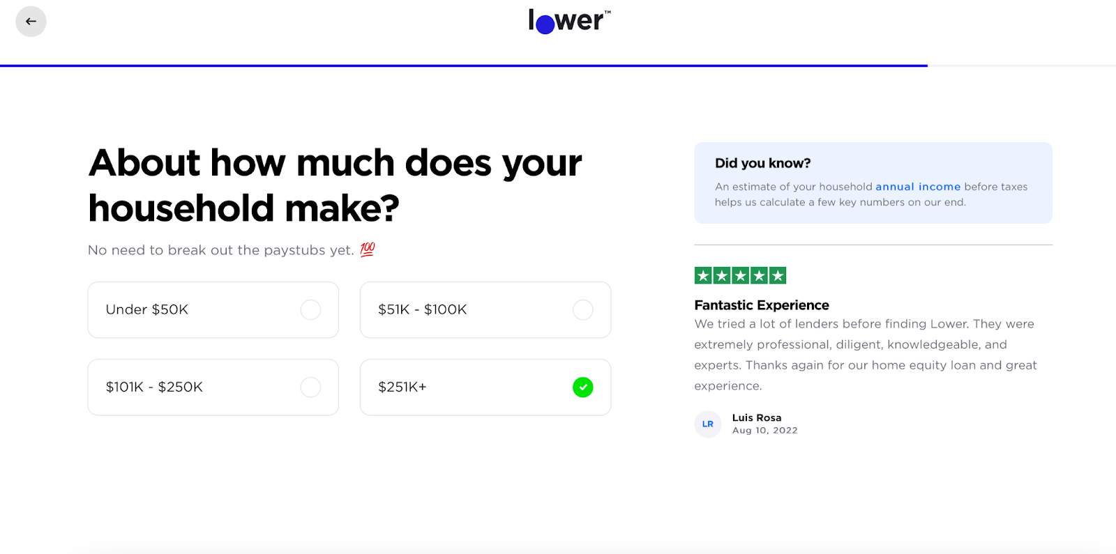 Image from Lower's website - select your estimated household income.