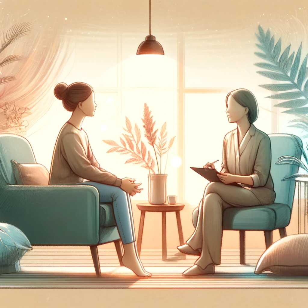 An artistic and soft illustration of a female in a therapy session, engaged in deep conversation with a therapist. The setting includes calming elements, like plants, soft lighting, and comfortable seating, emphasizing the healing environment.