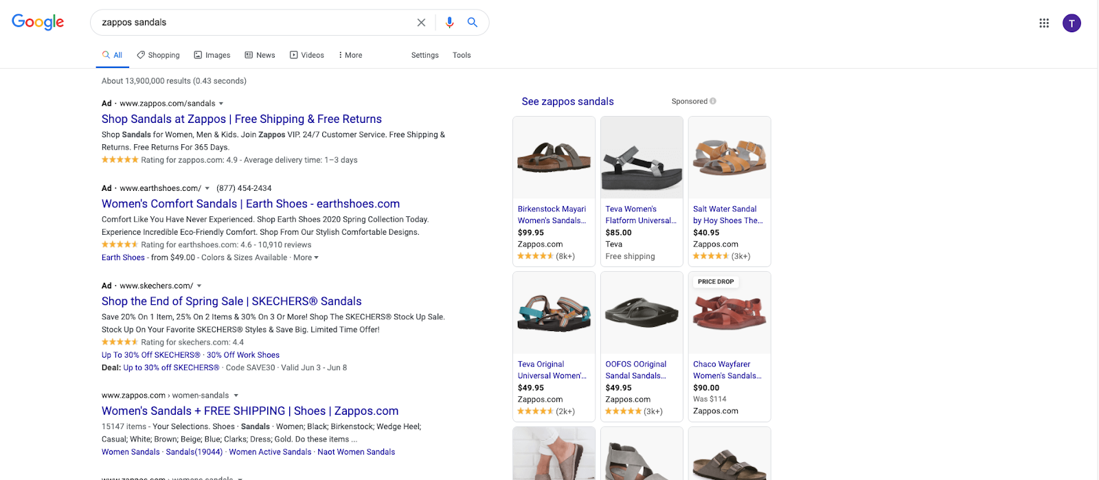 Google search results showing ads for Zappos sandals