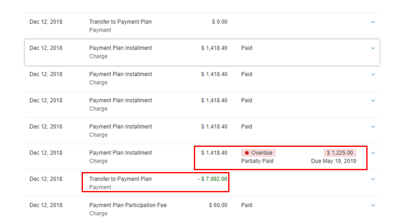 Transfer to Payment Plan and Payment Plan Installments transactions emphasized with red box highlight.
