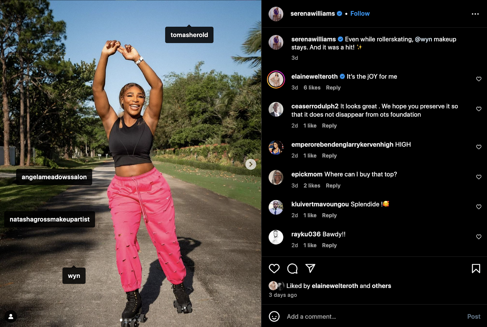 Screenshot of celebrity influencer Serena Williams rollerskating in post promoting Wyn beauty