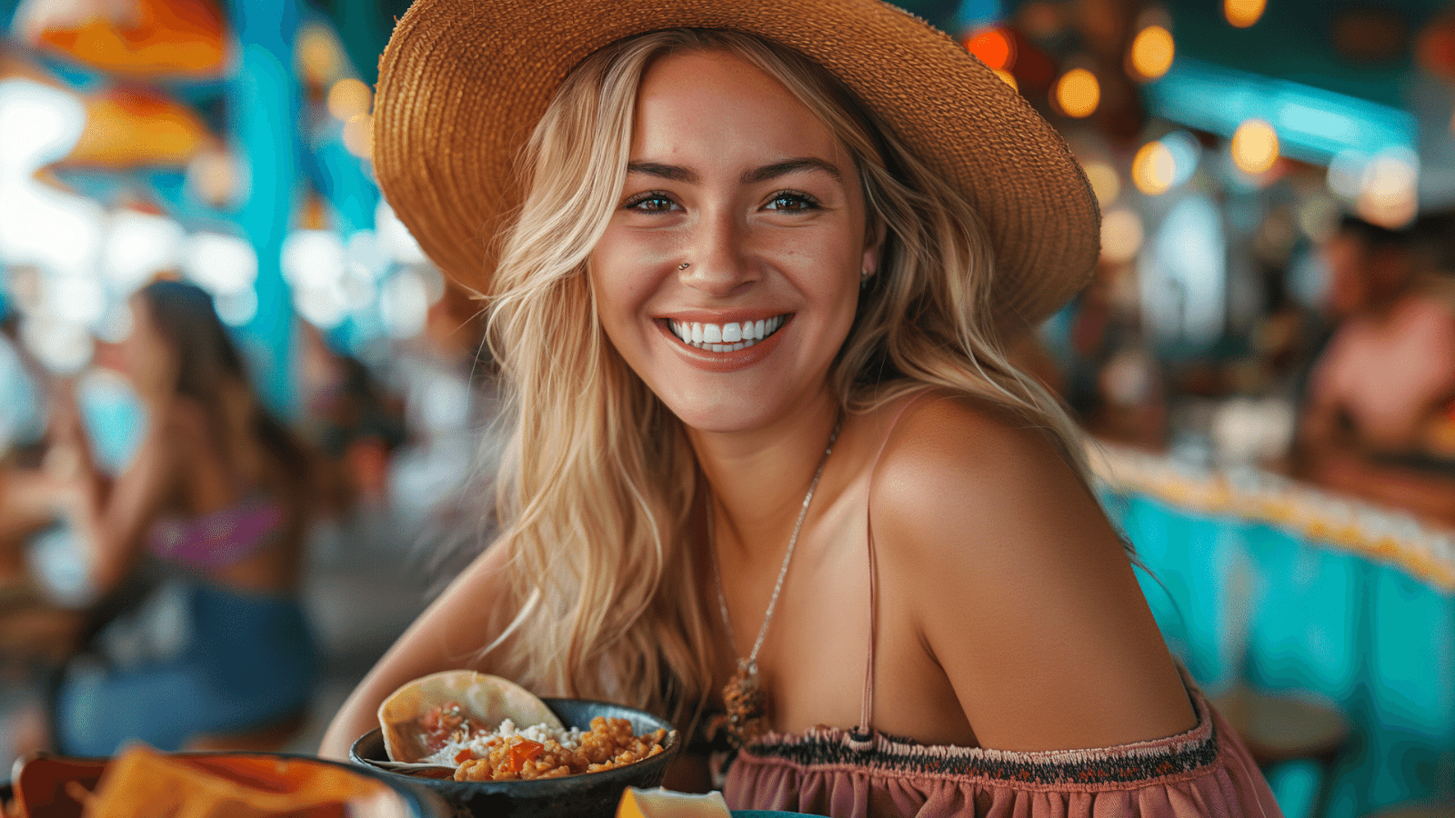 Cheerful woman enjoying street food at a colorful market, enjoying the vibrant streets and culture in Mexico City