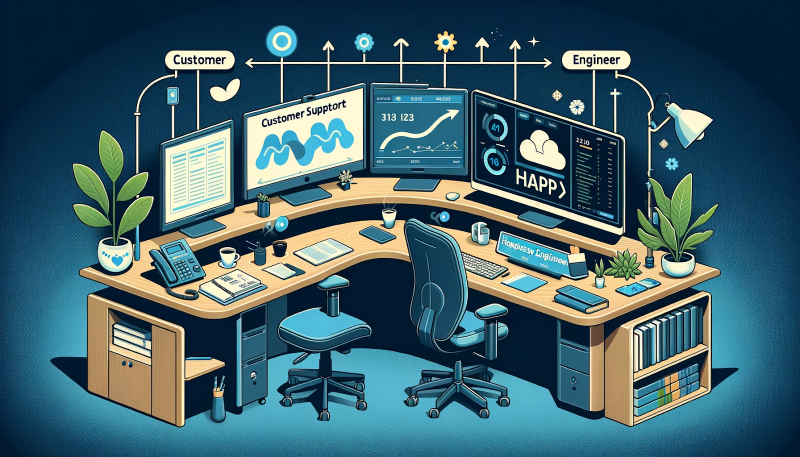 Modern illustration of a desk evolving from customer support to data science. The left side shows a customer support setting with a phone, notepad, and 'Happiness Engineer' nameplate. The right side transforms into a data scientist's workspace with dual monitors displaying data visualizations and code. Personal elements like a coffee cup and plant are included.