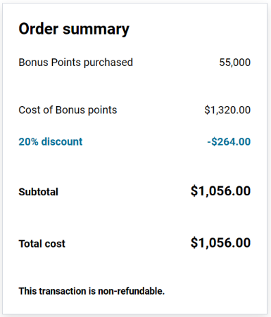 Example of buying 55,000 Hyatt points with a 20% discount