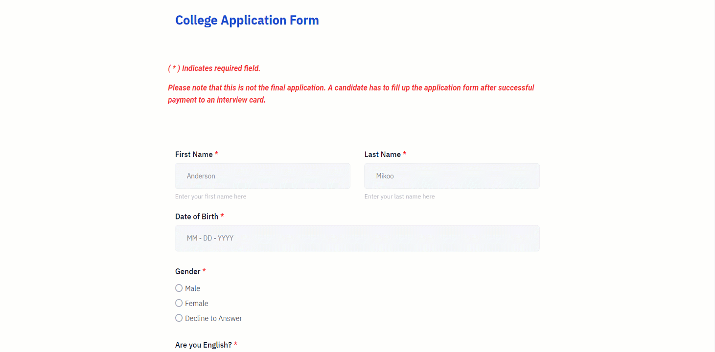 A college application form made with Metform