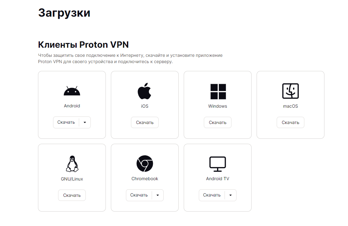 Выбор платформы для скачивания Proton VPN.