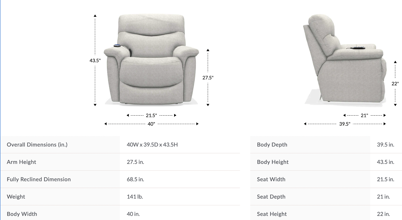 james silver power lift recliner dimensions