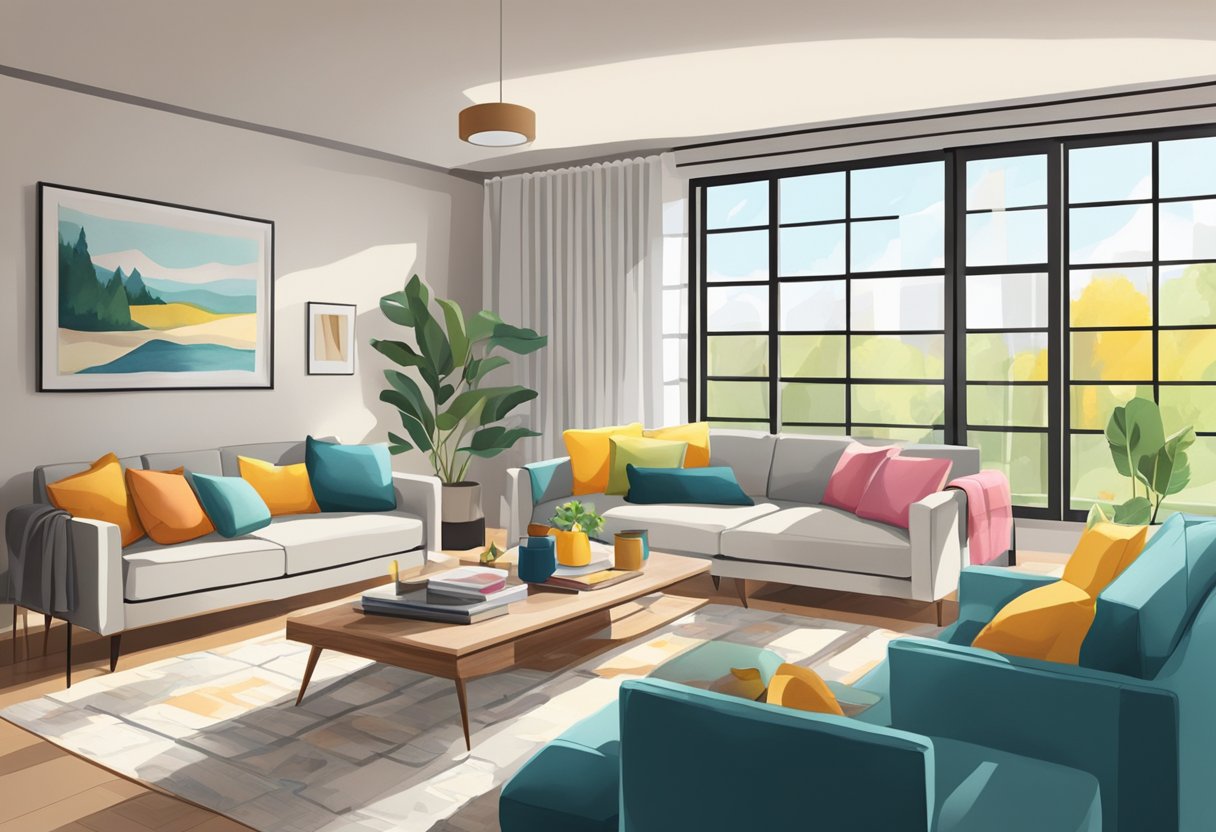 A clean, clutter-free living room with cozy furniture and pops of color. Bright, natural light streams in through the windows, highlighting the spaciousness of the room