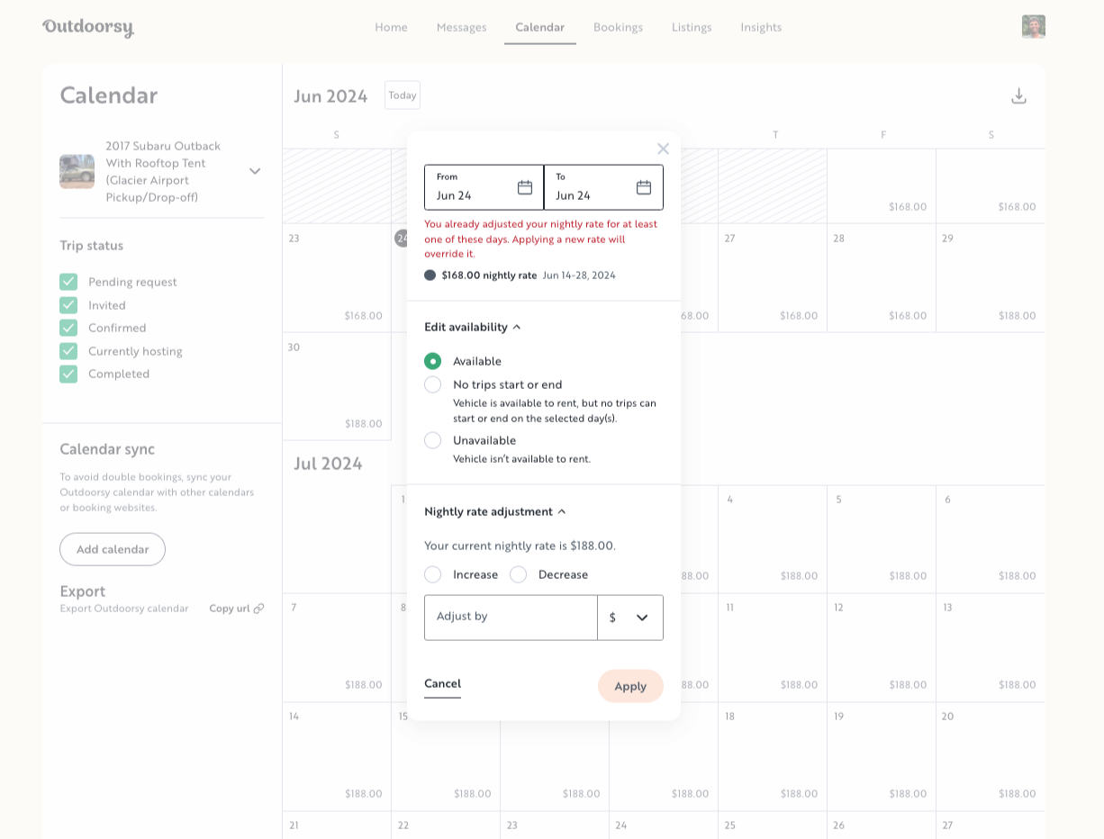 Calendar tool block/unblock dates