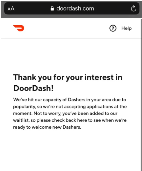 A screenshot from DoorDash thanking the applicant for their interest and letting them know they've been added to the waitlist. 