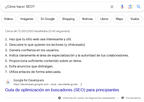 SERP de Google con resultados de zero clicks search