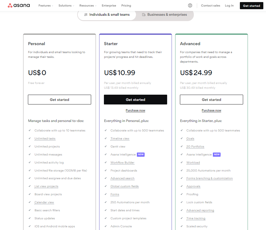 Pricing Plans for Asana