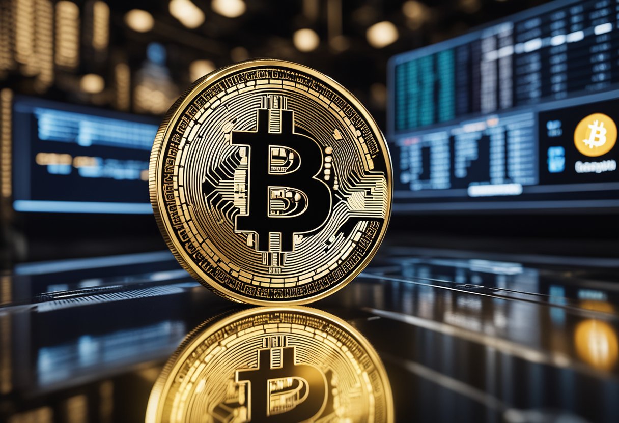 Cryptocurrencies being used for transactions in a futuristic city setting with digital screens displaying "important cryptocurrency asked questions answered 2024"