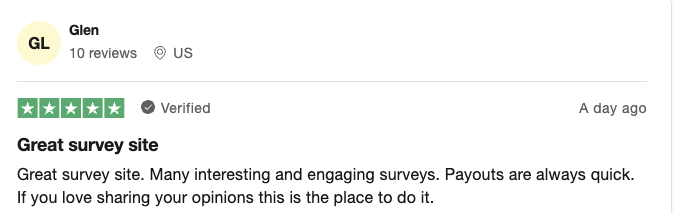 A 5-star Branded Surveys review on Trustpilot from a user who finds the surveys interesting and likes that the payouts are quick. 