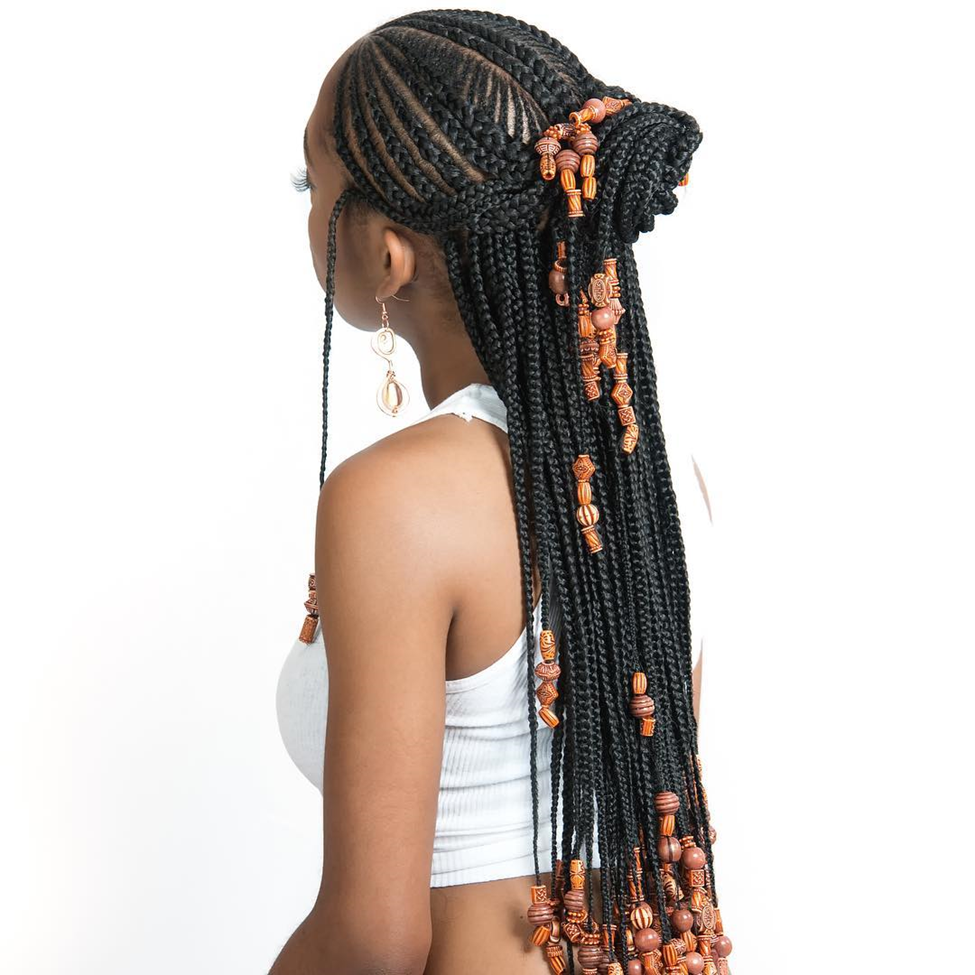 Cornrows with Artistic Beaded Twisted Bun