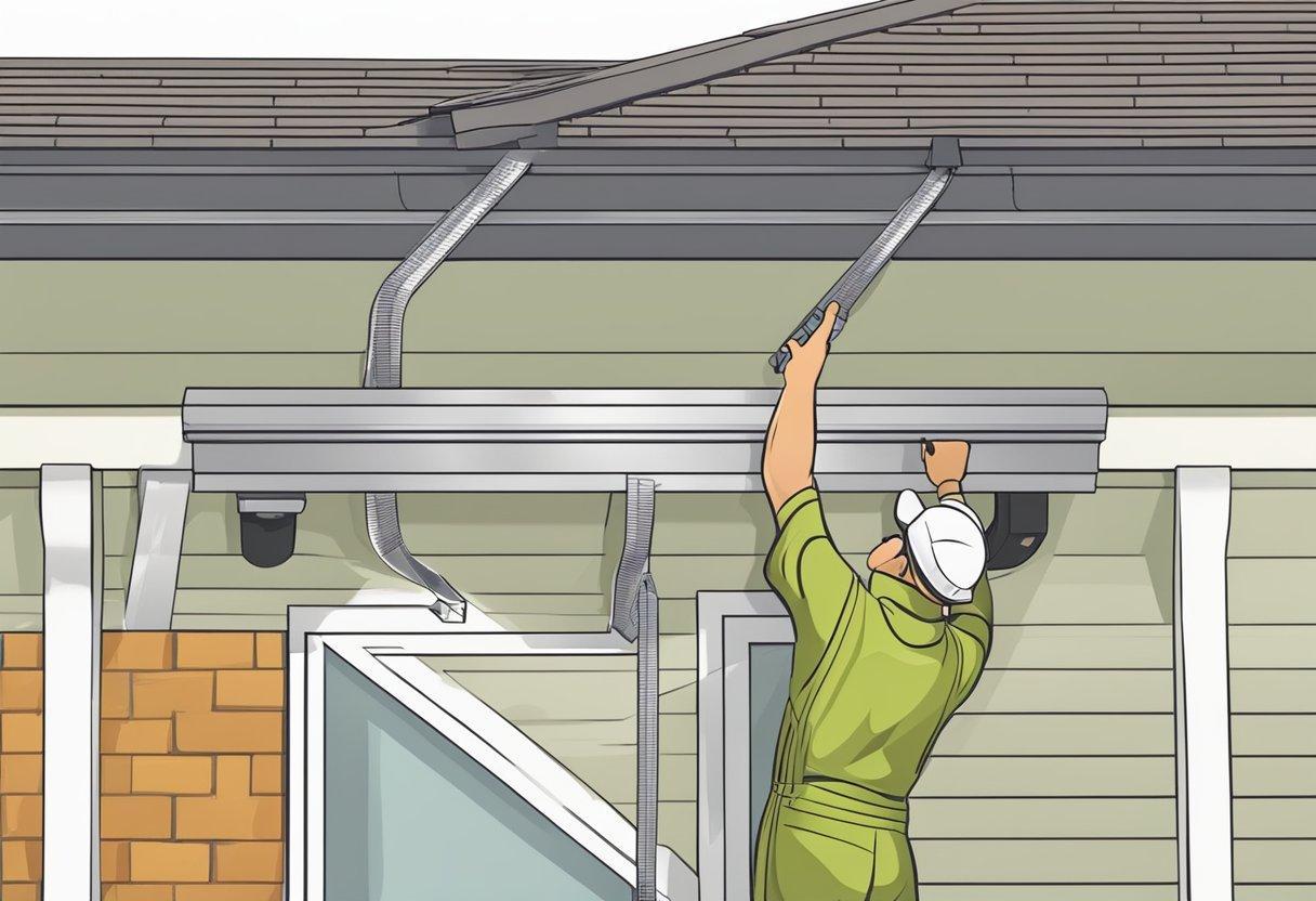 A worker installs new gutters, replacing old ones. The process involves measuring, cutting, and securing the new gutter system in place