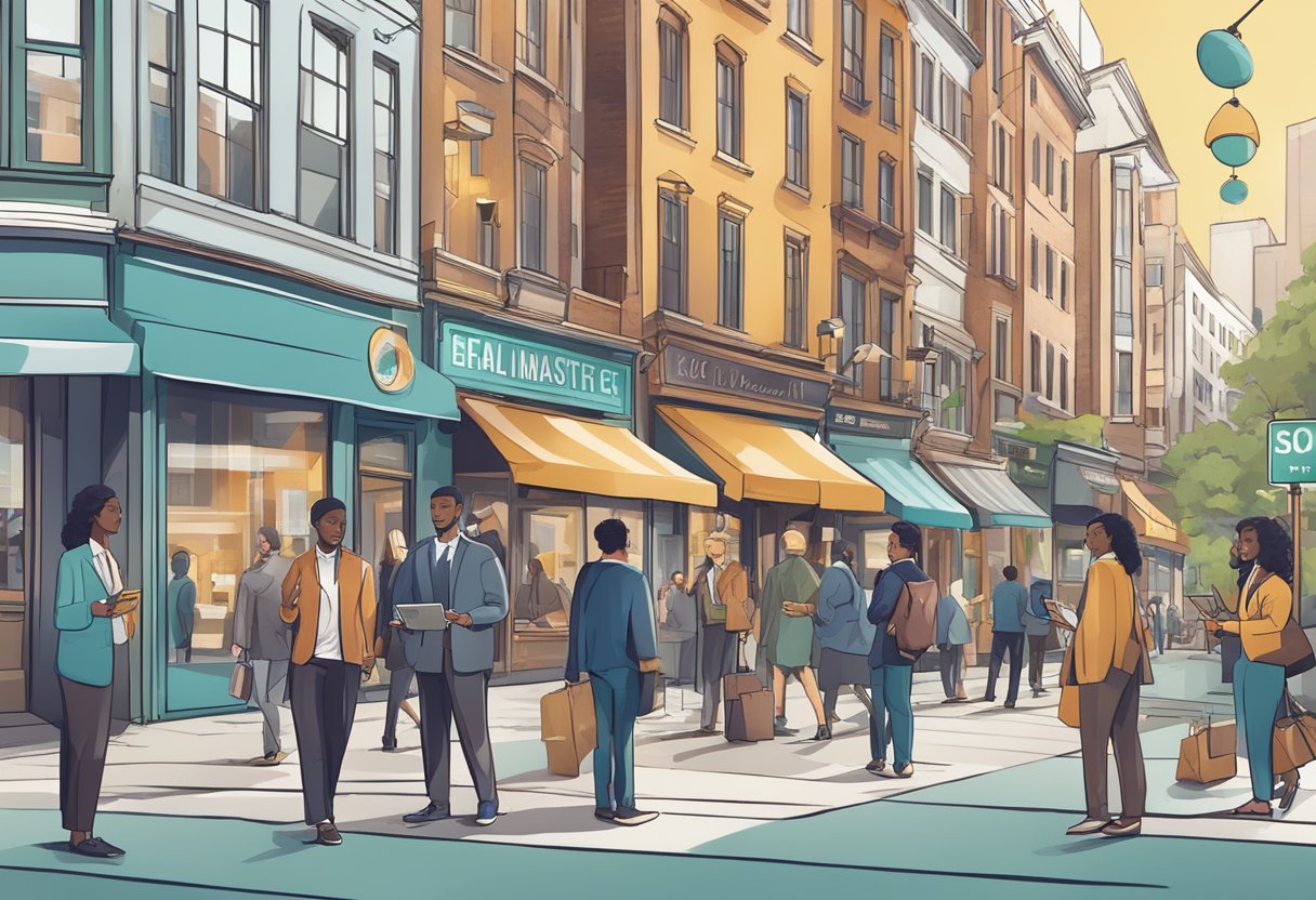 A bustling city street with multiple real estate signs, a diverse group of people engaging with agents, and digital devices capturing contact information