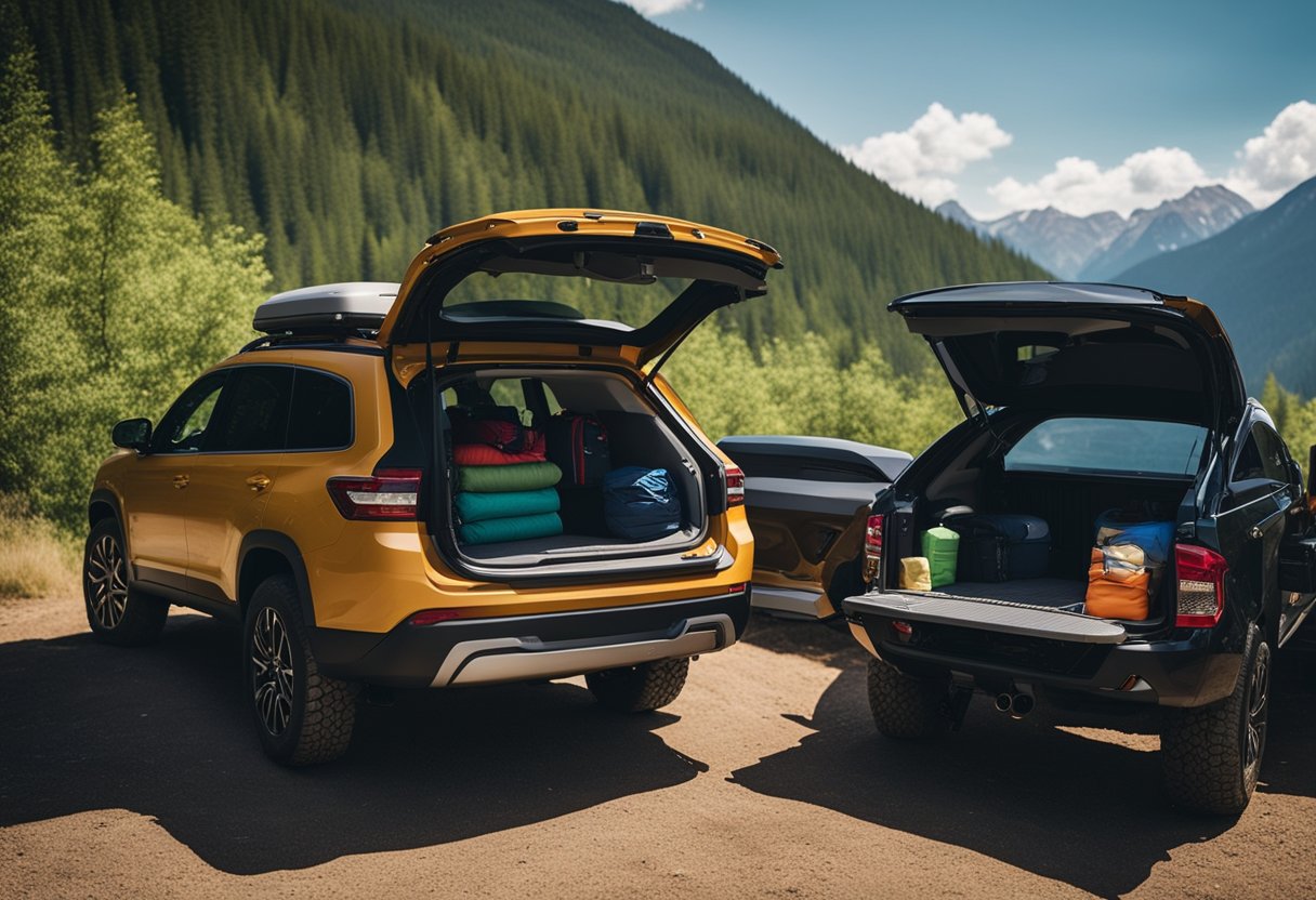 A person selects camping gear from a variety of vehicles, including SUVs, trucks, and vans, with a scenic backdrop of mountains and forests