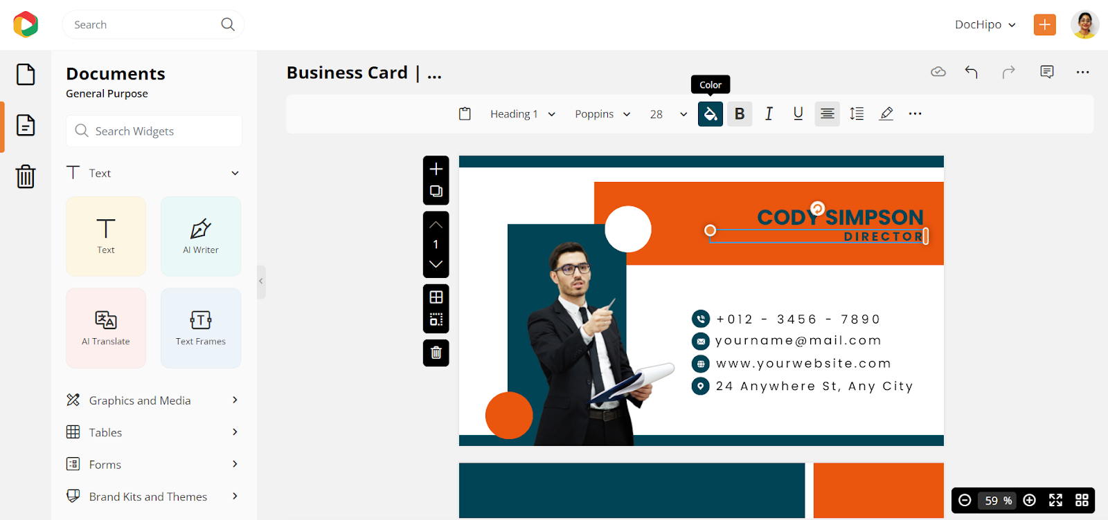change color of the text for your unique business card design