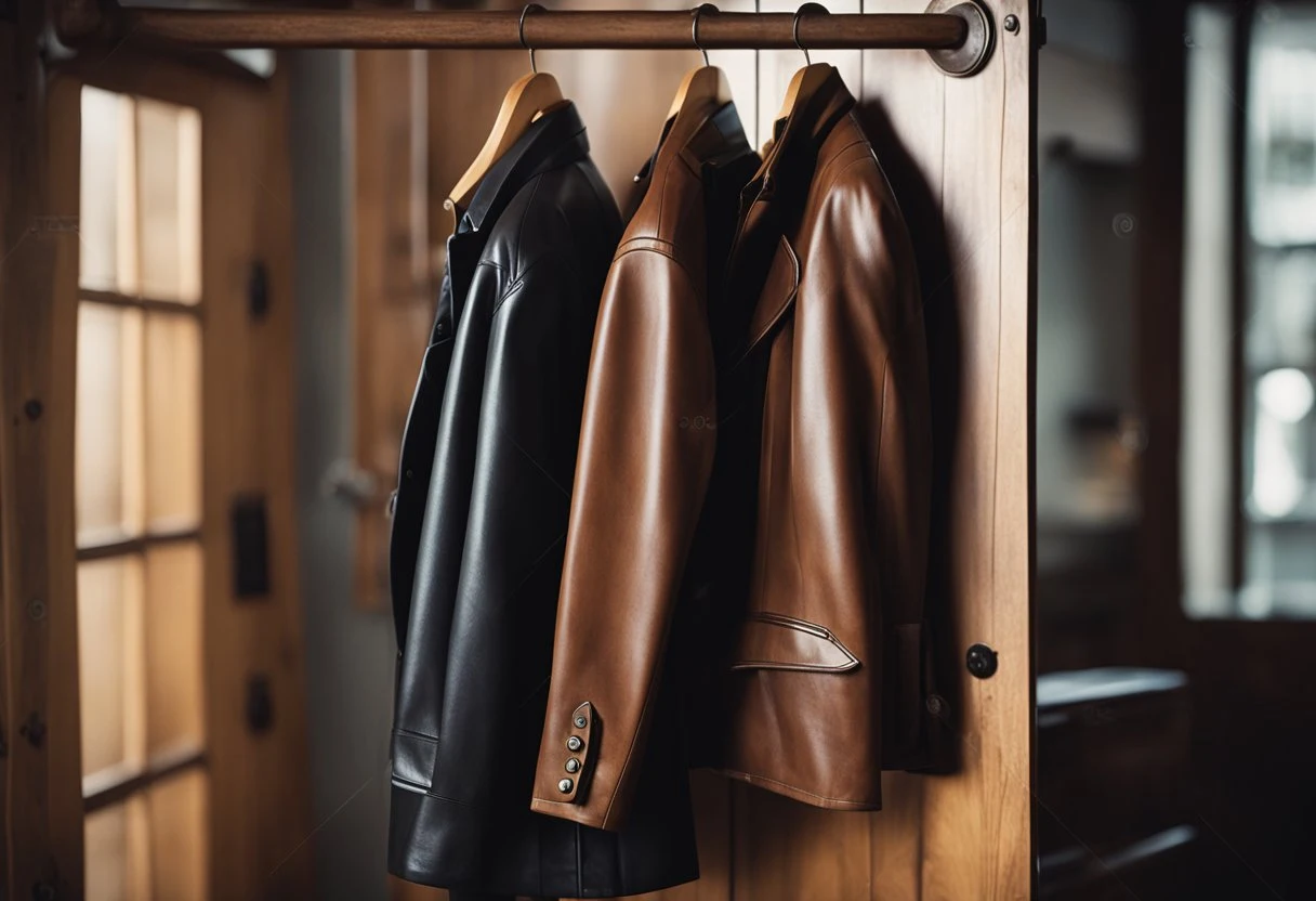 A leather blazer hanging on a rustic wooden coat rack