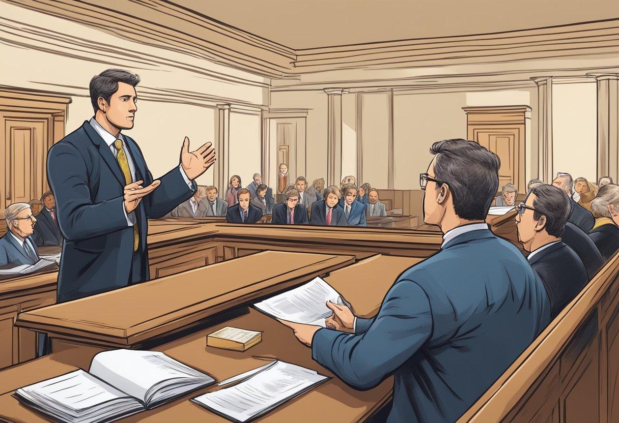 A person standing in front of a group of people in a courtroom

Description automatically generated