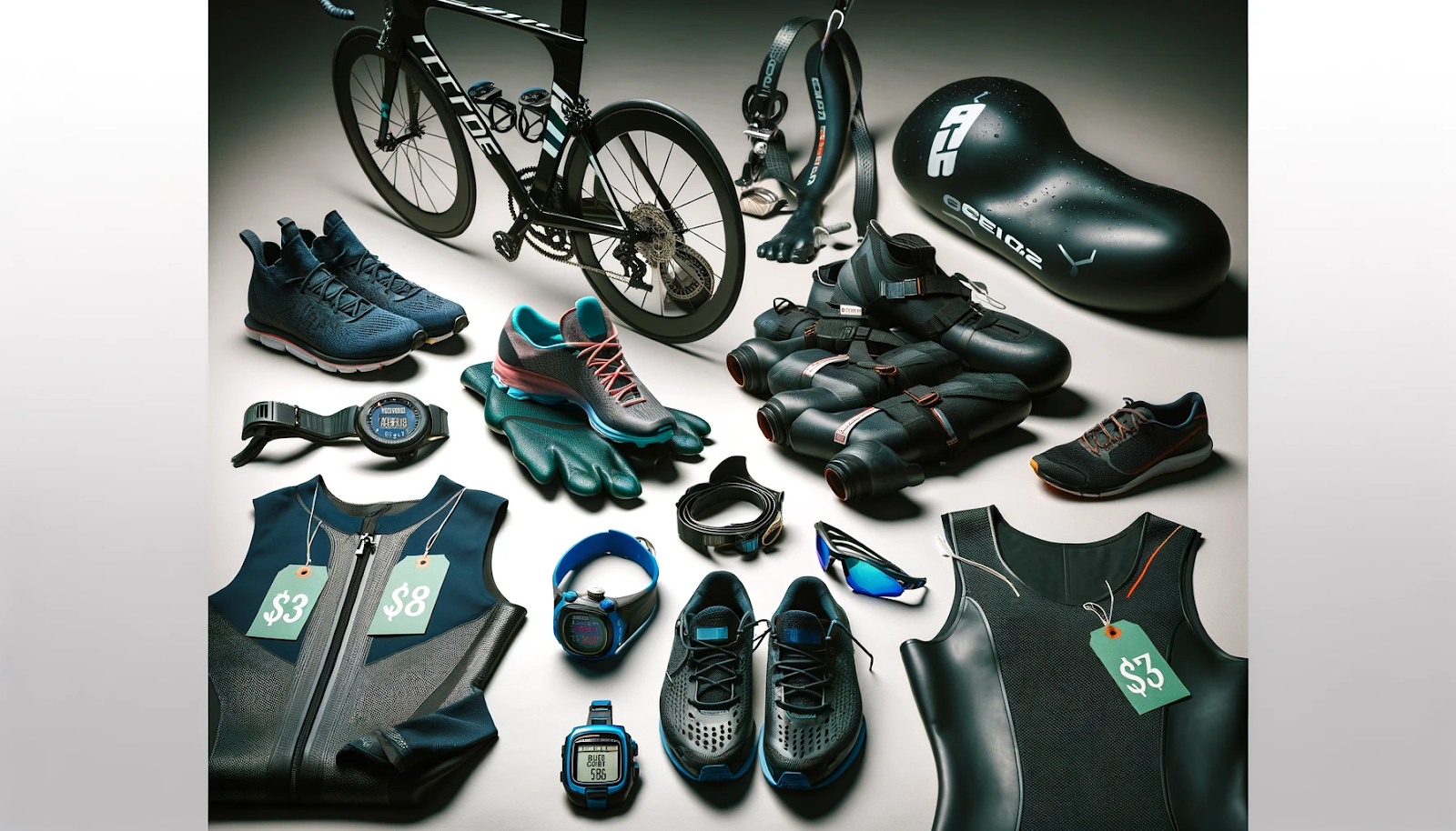  image showcases a variety of triathlon equipment neatly arranged. At the center is a high-end racing bicycle, flanked by essential items like running shoes, a wetsuit, a helmet, swimming goggles, and a stopwatch. Each item prominently displays a price tag, emphasizing the high costs involved in acquiring this gear