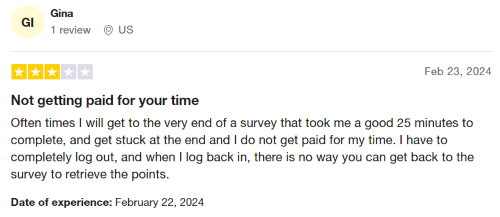 A 3-star Ipsos iSay review from a user who says a glitch at the end of surveys often results in not getting paid for completing them. 