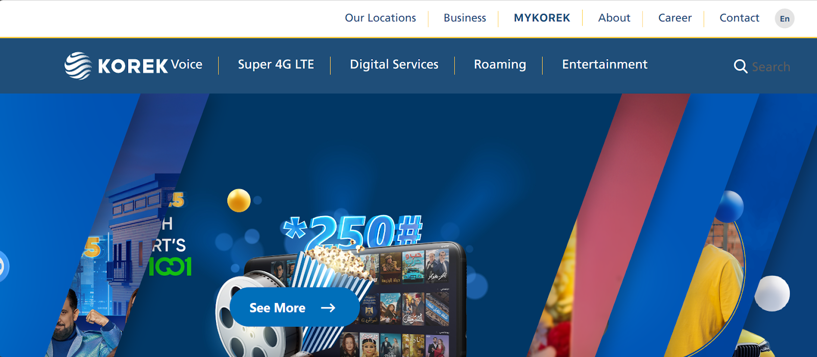 Korek Telecom website snapshot highlighting the services it offers.