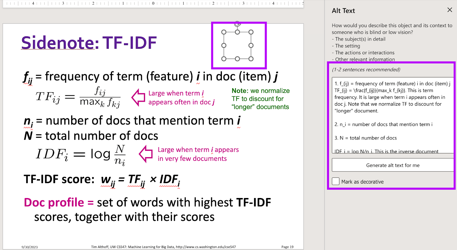 This is the same screenshot of the powerpoint and the alt text panel as above. This time, a white box is highlighted and the alt text for this empty box is the math and text that we marked decorative previously.
