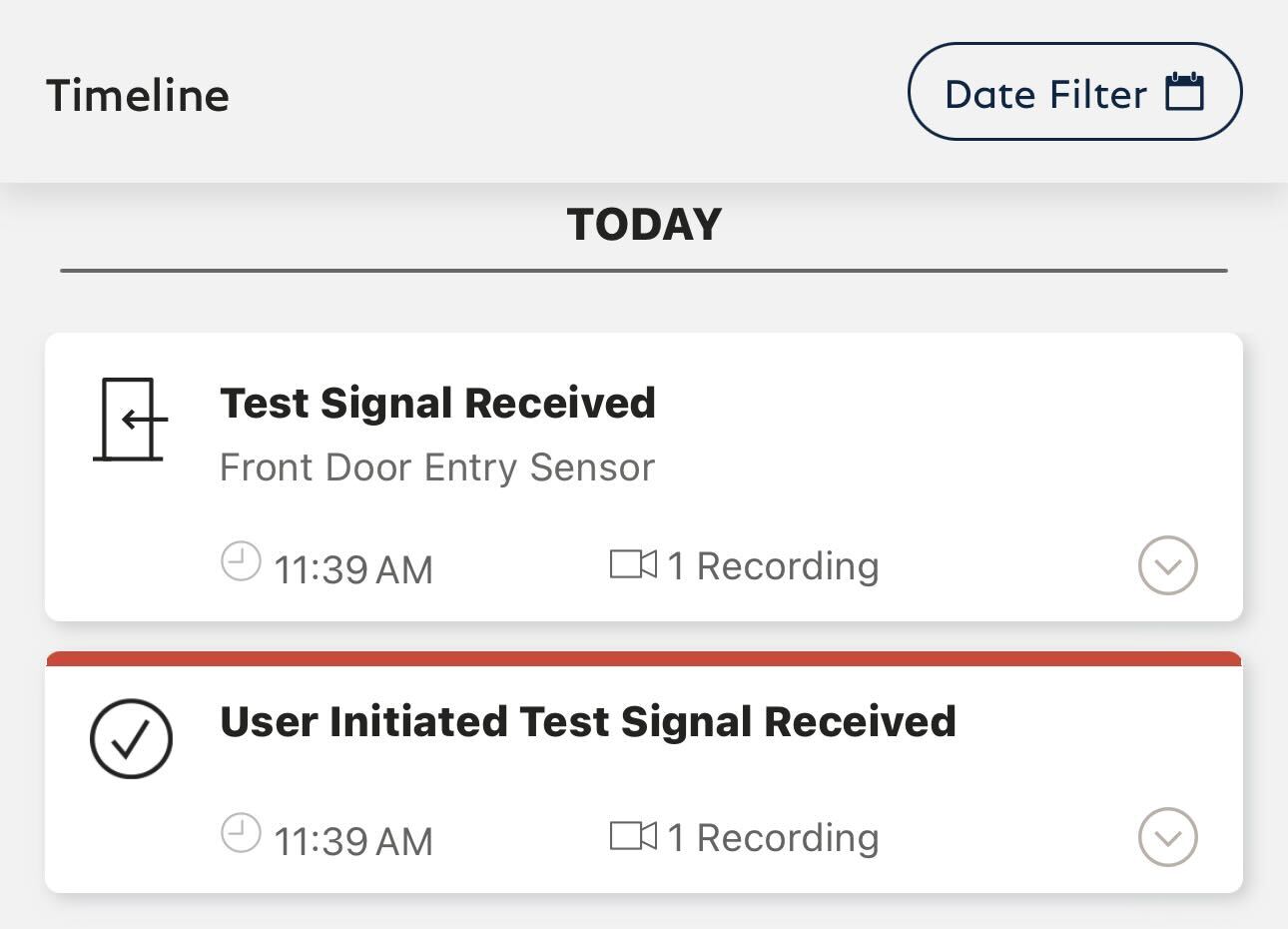 An example of the Entry Sensor showing up in the timeline when using Test Mode. To confirm the system is in Test Mode, the timeline reads  will read - User Initiated Test Signal Received.