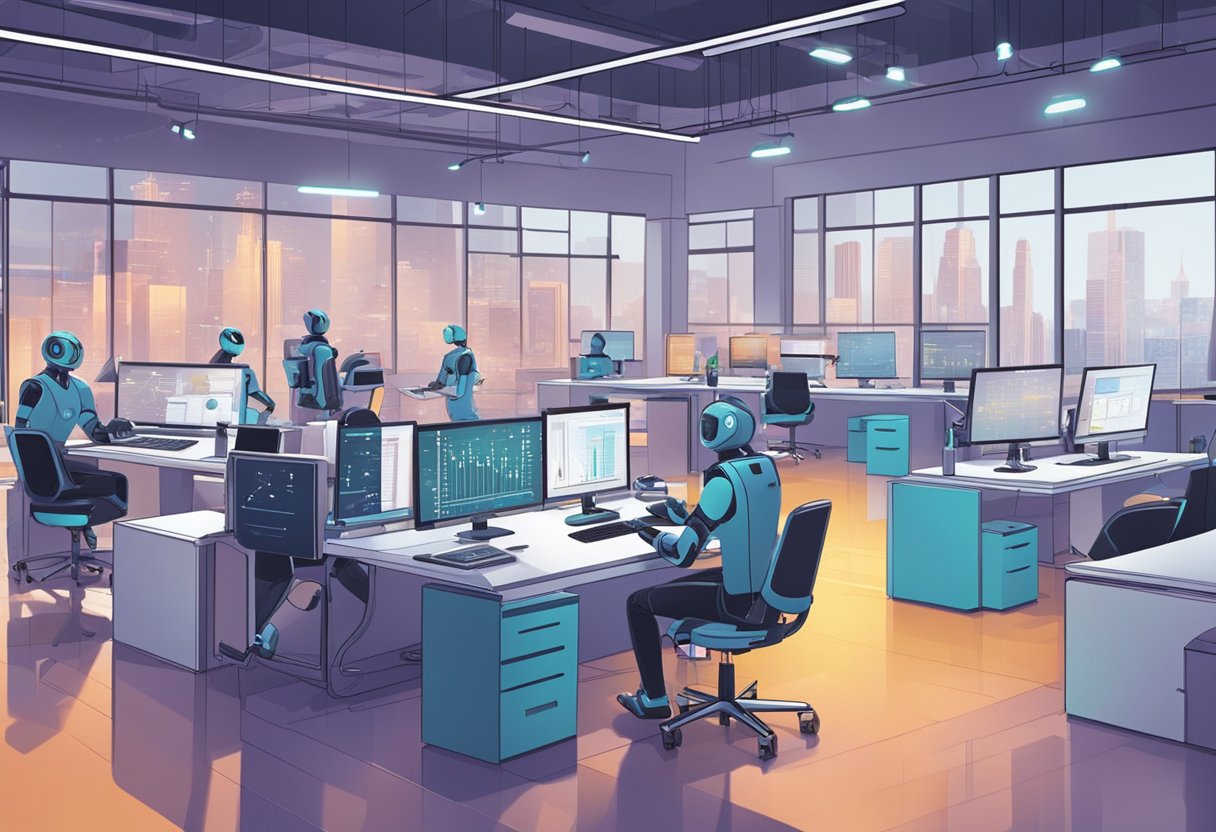 A futuristic office setting with AI-powered robots performing tasks. Computer screens display data and graphs, while robots move around autonomously