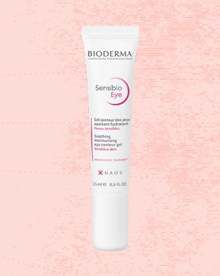 Bioderma Sensibio Gel Eye Contour against a pale red background.