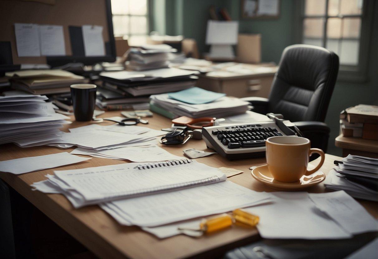 A cluttered desk with scattered papers, empty coffee cups, and a disheveled calendar. A person slumped in their chair, surrounded by unfinished tasks