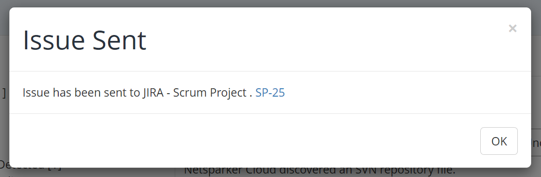 A confirmation that a vulnerability was successfully sent to JIRA