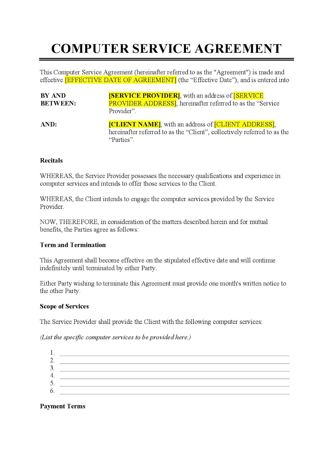 Template Computer Service Agreement