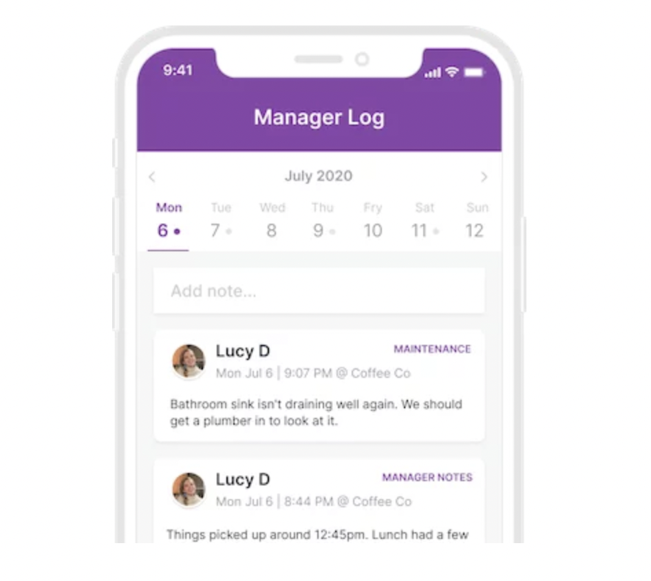 A screenshot of the Homebase manager log's mobile interface.