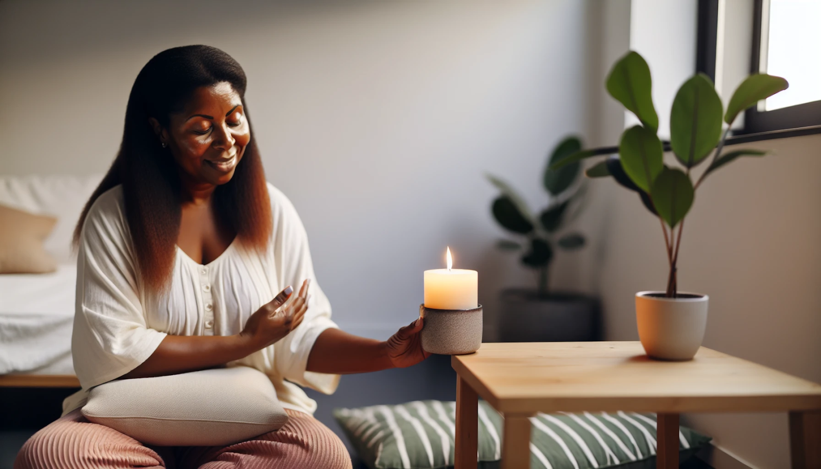 African American woman lighting a candle as part of a daily meditative routine while learning to meditate