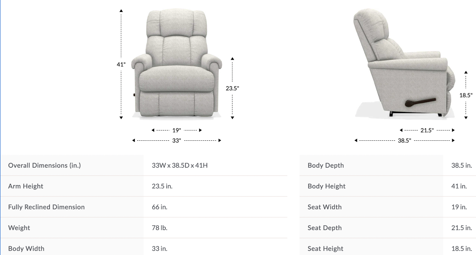 pinnacle wall recliner dimensions