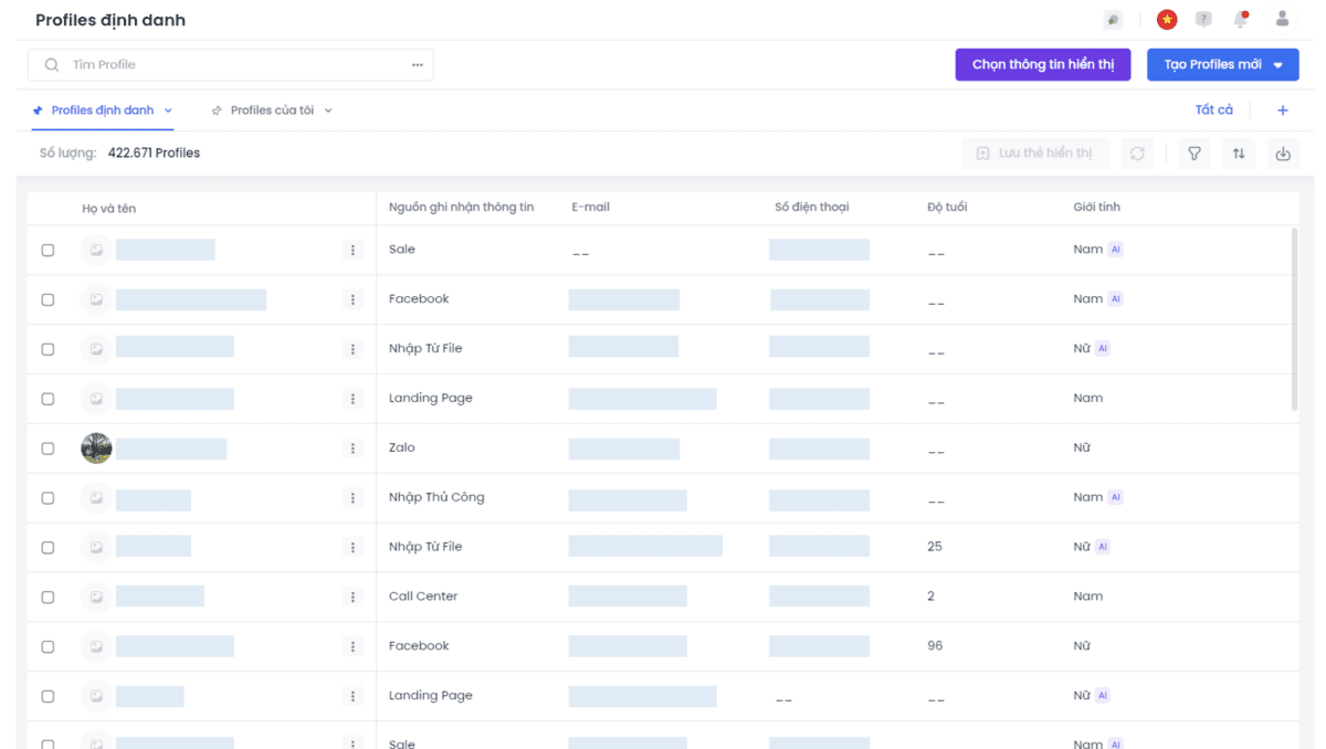 Giao diện tính năng Profile Management