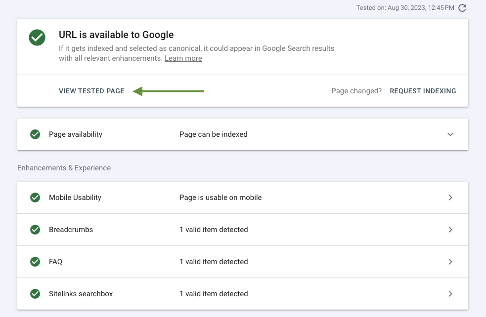 View tested page in Google Search Console