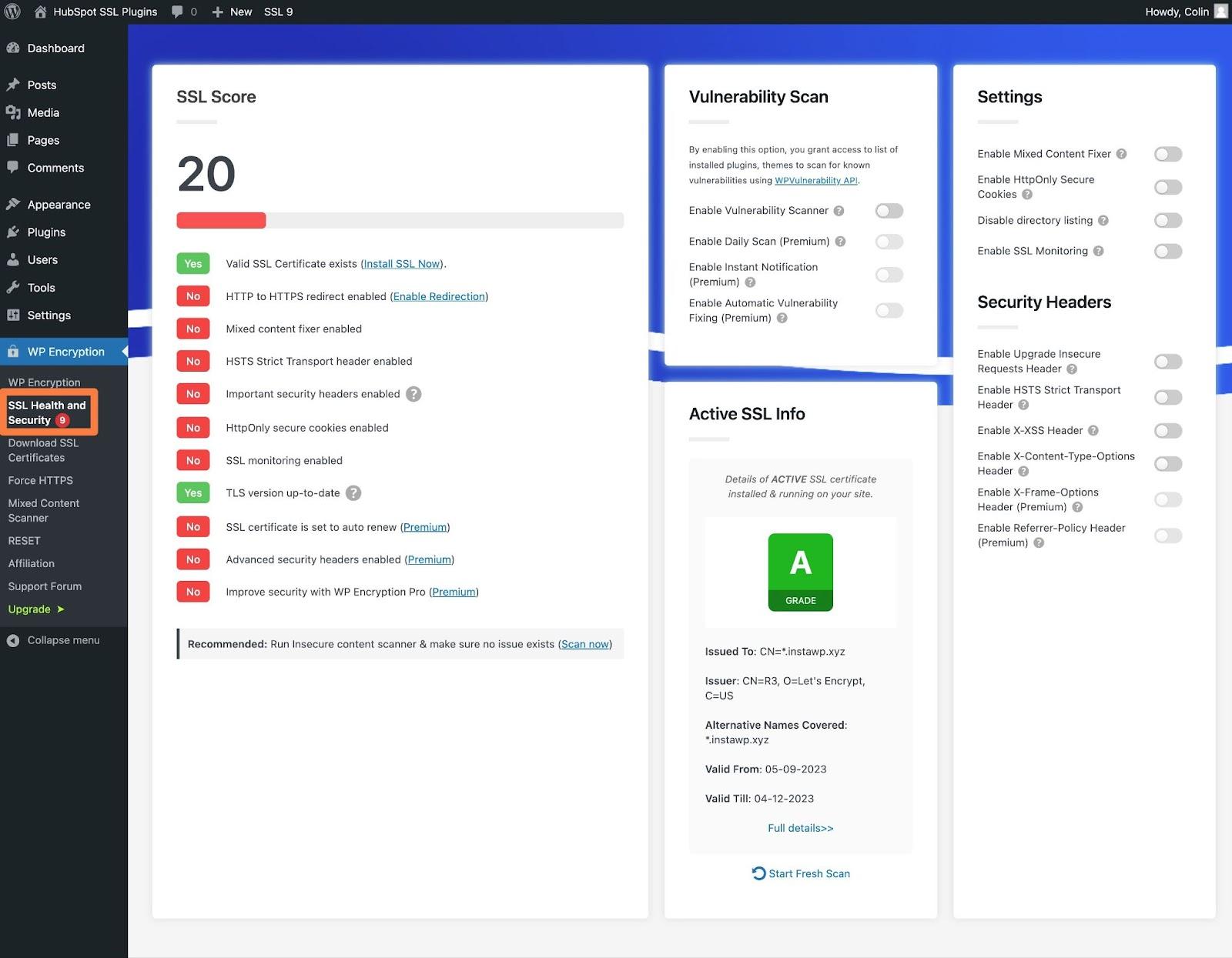 WordPress SSL plugin, the WP Encryption status and settings area.